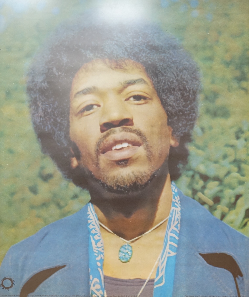 Jimi Hendrix interest; a framed poster taken from a photograph taken in 1970 by his girlfriend Monika Dannemann, published by Splash Posters Ltd. and printed by Higginson and Harris Ltd., 70 x 59cm